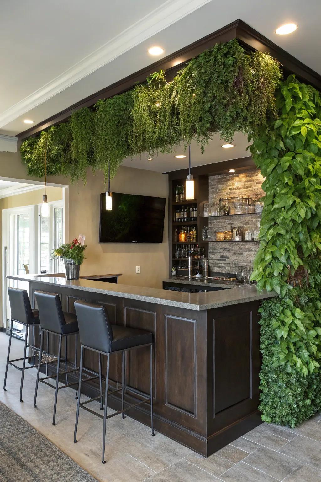 A verdant wall introduces a revitalizing natural element into your bar.