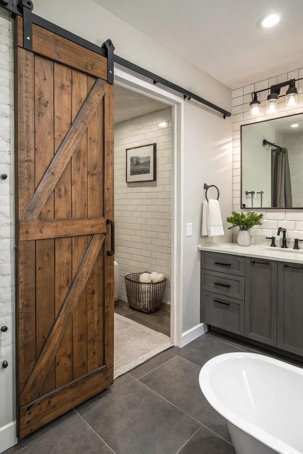 Metal highlights enhance the barn door's persona and style.