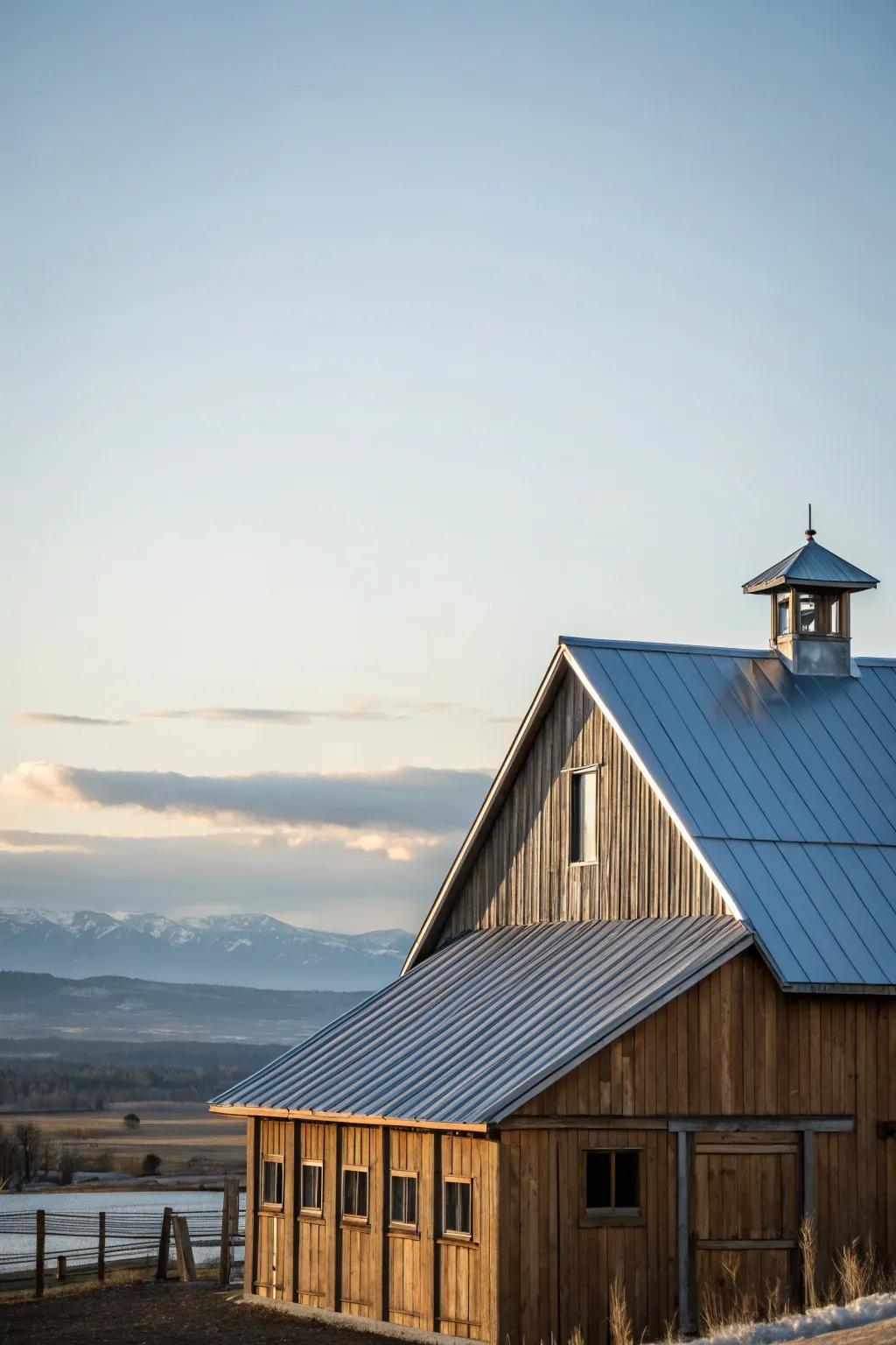 A barn-style home featuring a streamlined and durable metal roofing system.