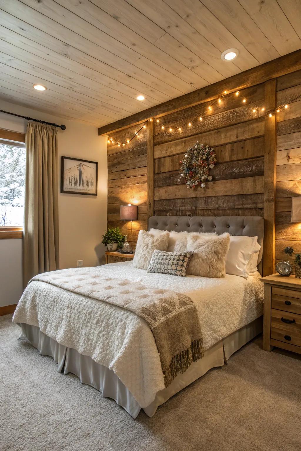 A barnwood statement wall enhancing a comfortable bedroom.