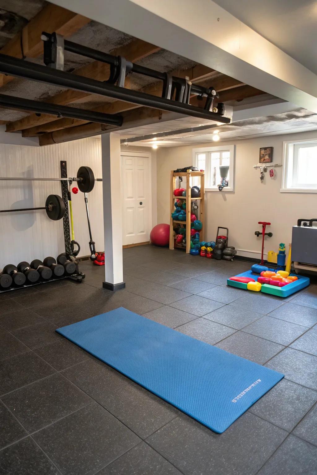 Recycled material flooring offers toughness and comfort for busy areas.