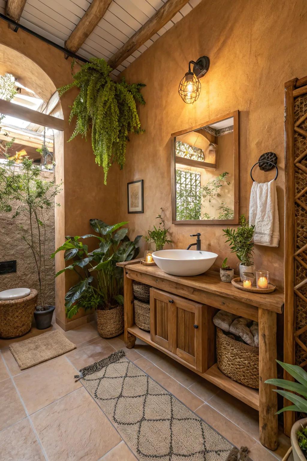 Cozy grounded tones create a welcoming and comfy bathroom atmosphere.