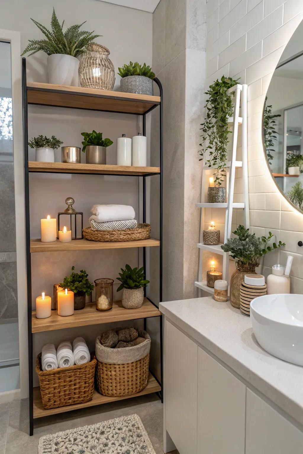 Tiered shelving enhances visual appeal and optimizes storage.