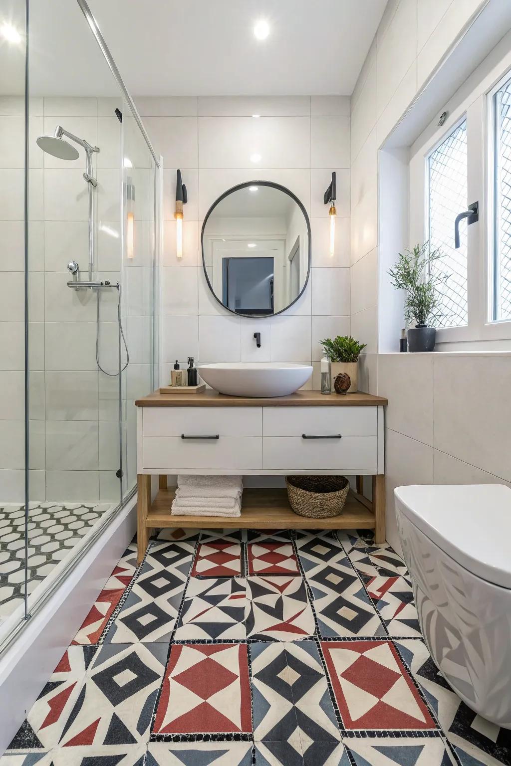 Geometric plastic flooring brings a bold, artistic flair to this bathroom.