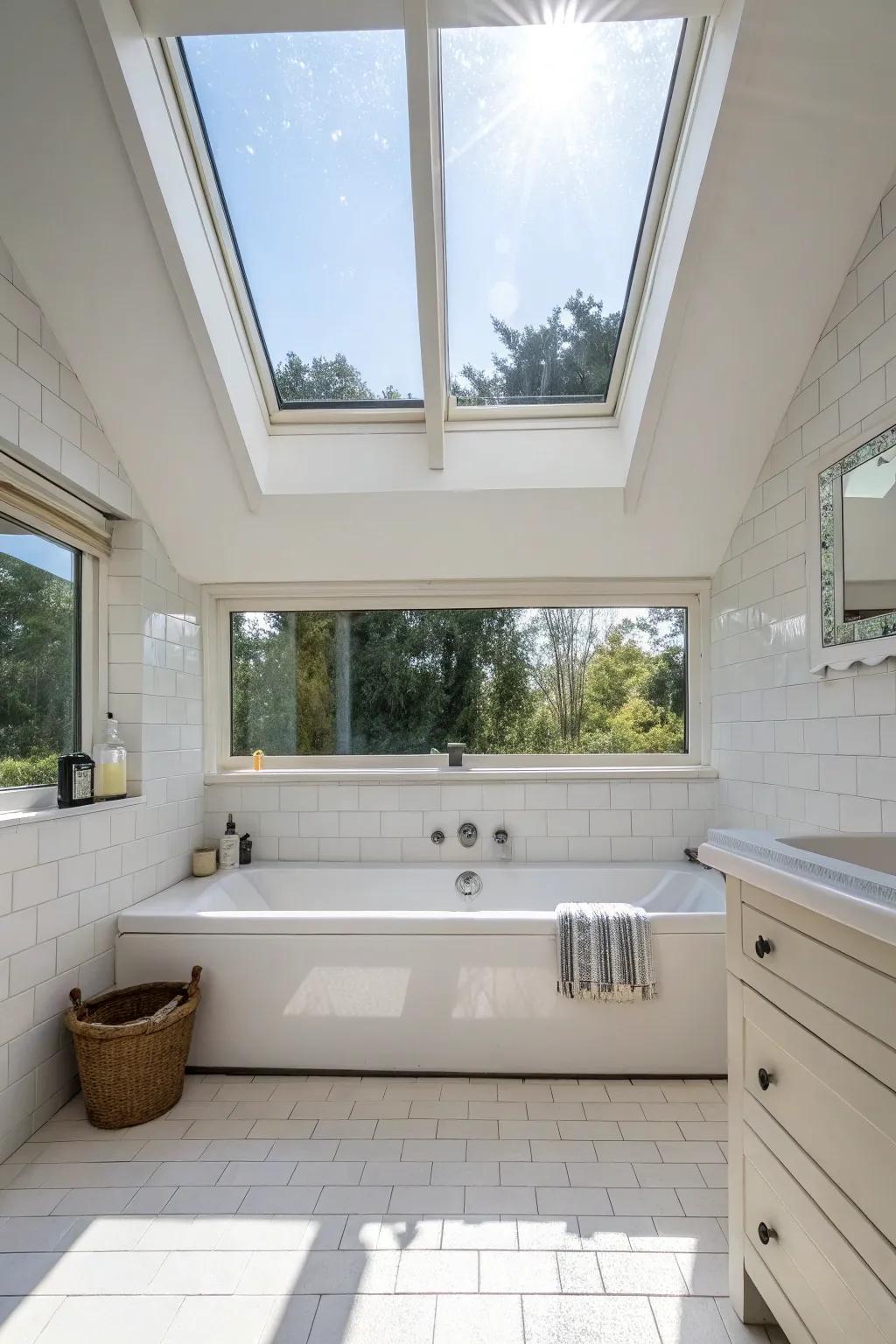 Sunlight from a skylight elevates the ambiance of this washroom.