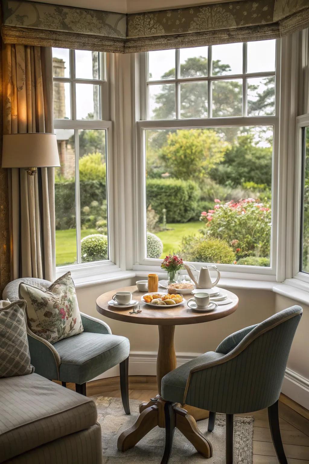 A comforting breakfast nook in the alcove window crafts an enchanting commencement to the day.