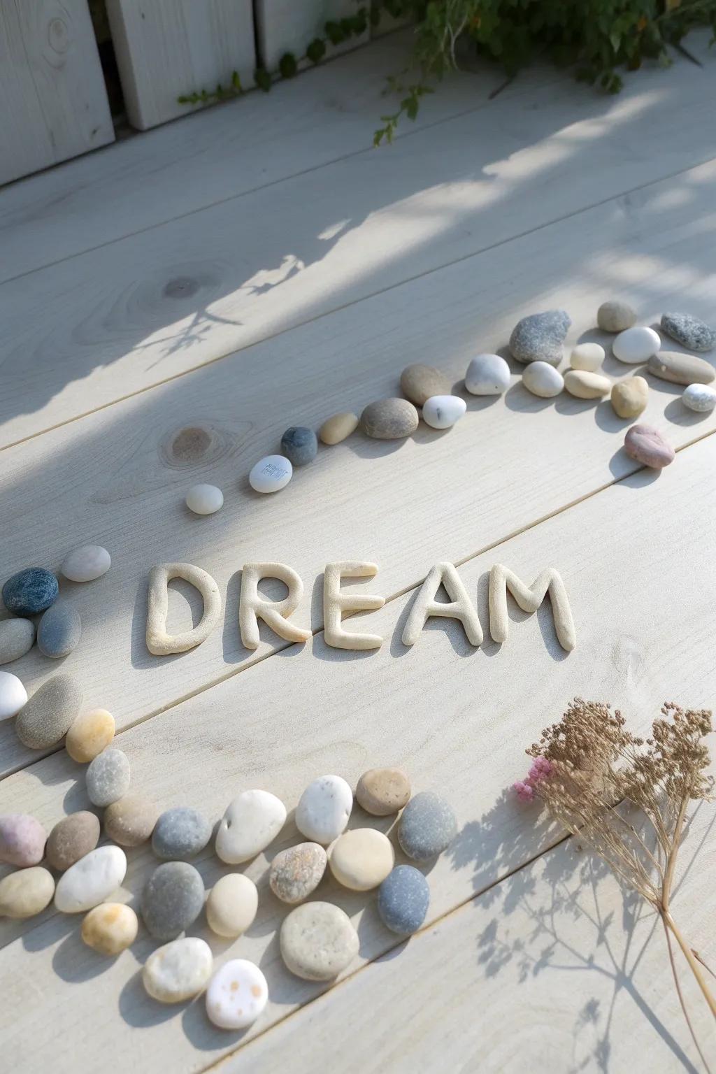 Allow your dreams to dominate the stage using the natural elegance of pebble word decorations. 🌿✨