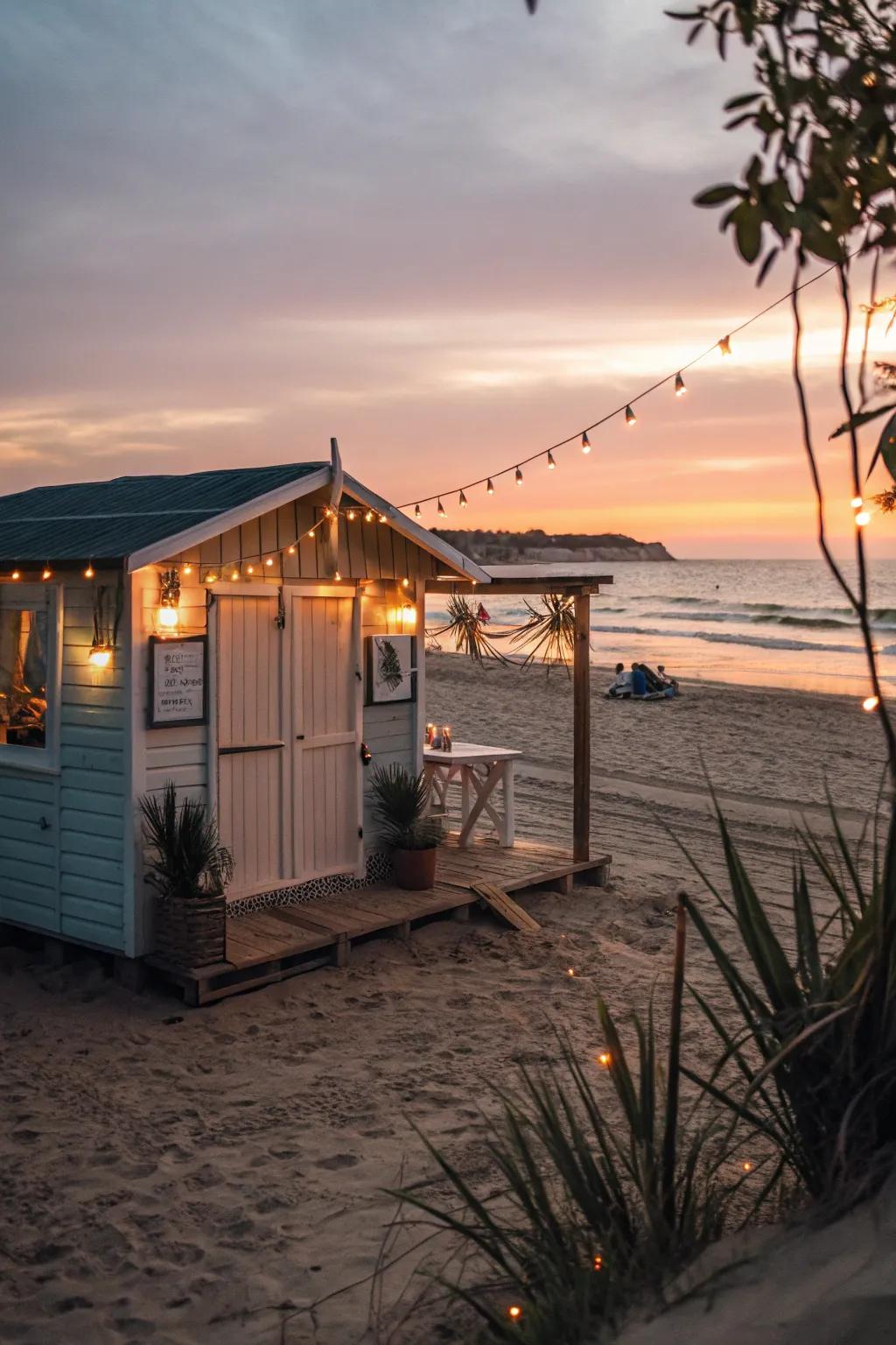 Seaside themed illumination creates a cozy atmosphere around the shed.
