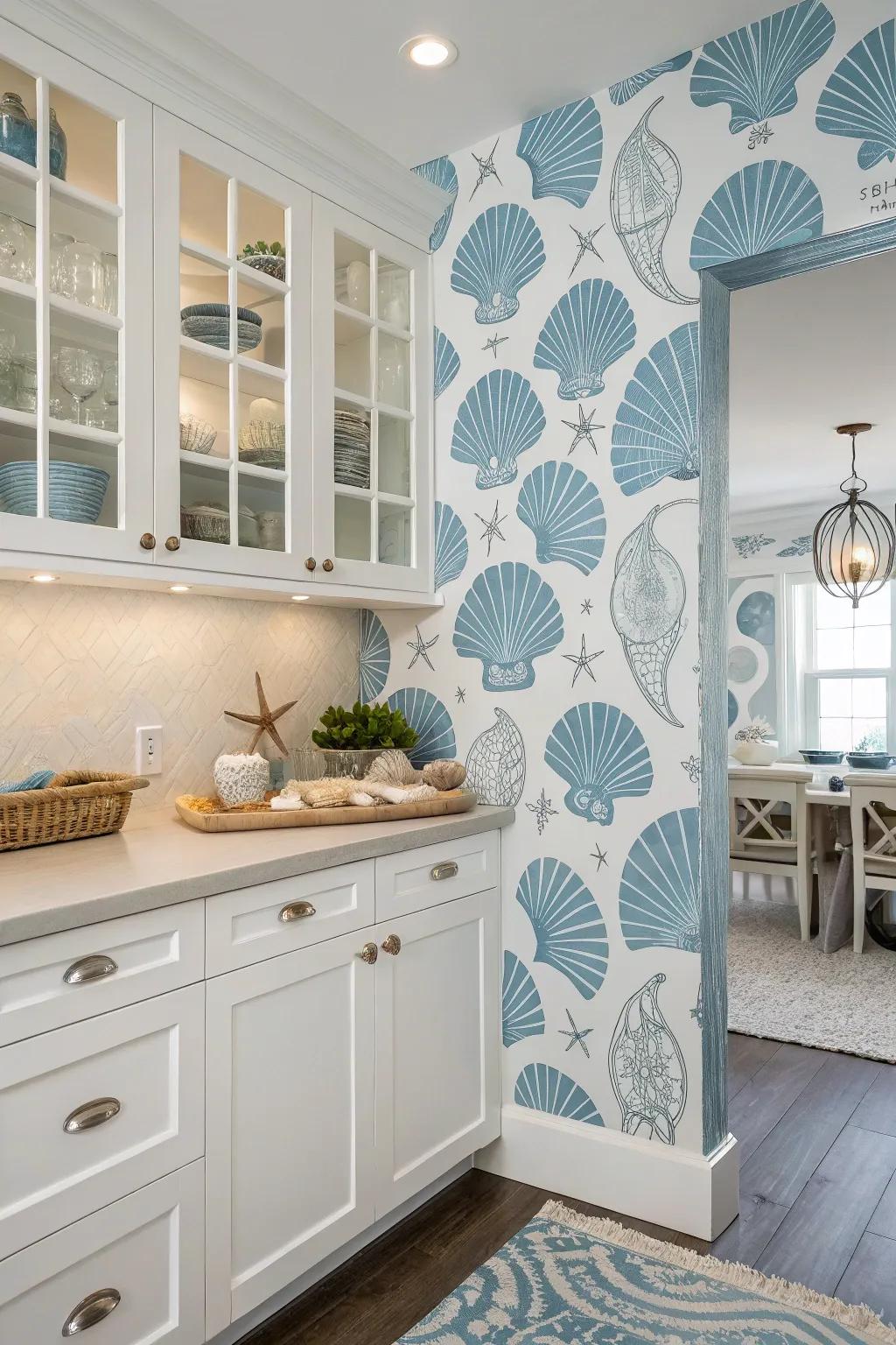 Give your kitchen a coastal vibe with shellfish-themed wallpaper.