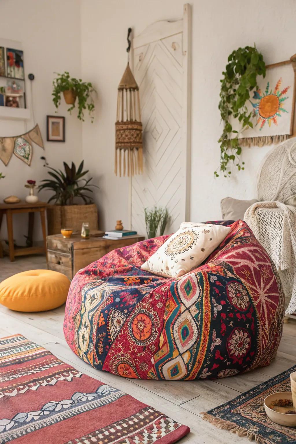 A bohemian styled lounger naturally integrated within a bedroom setting, exemplifying unpretentious comfort and aesthetic allure.