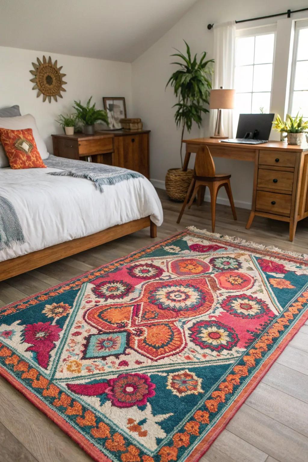 An eye-catching rug connects the room's aspects together fashionably.