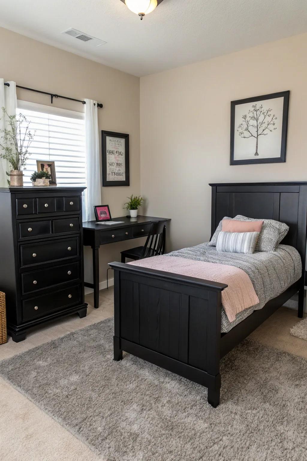 Minimalist design emphasizes the elegance of ebony furniture in a clutter-free space.