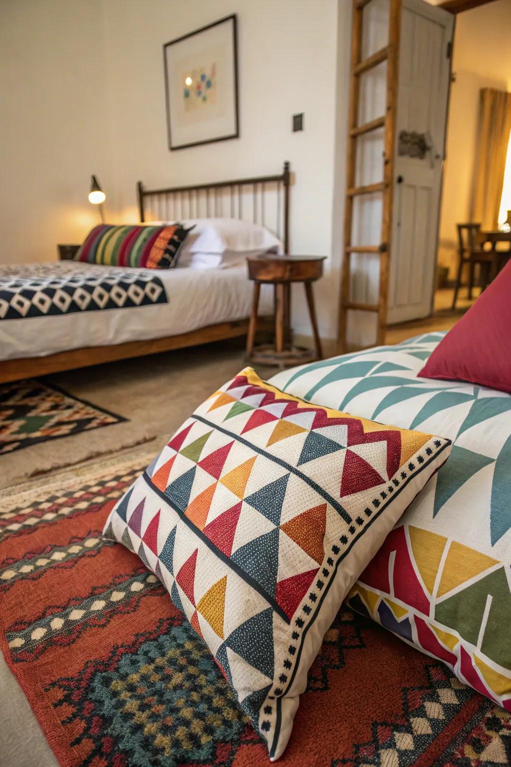 A bedroom alive with playful patterns.