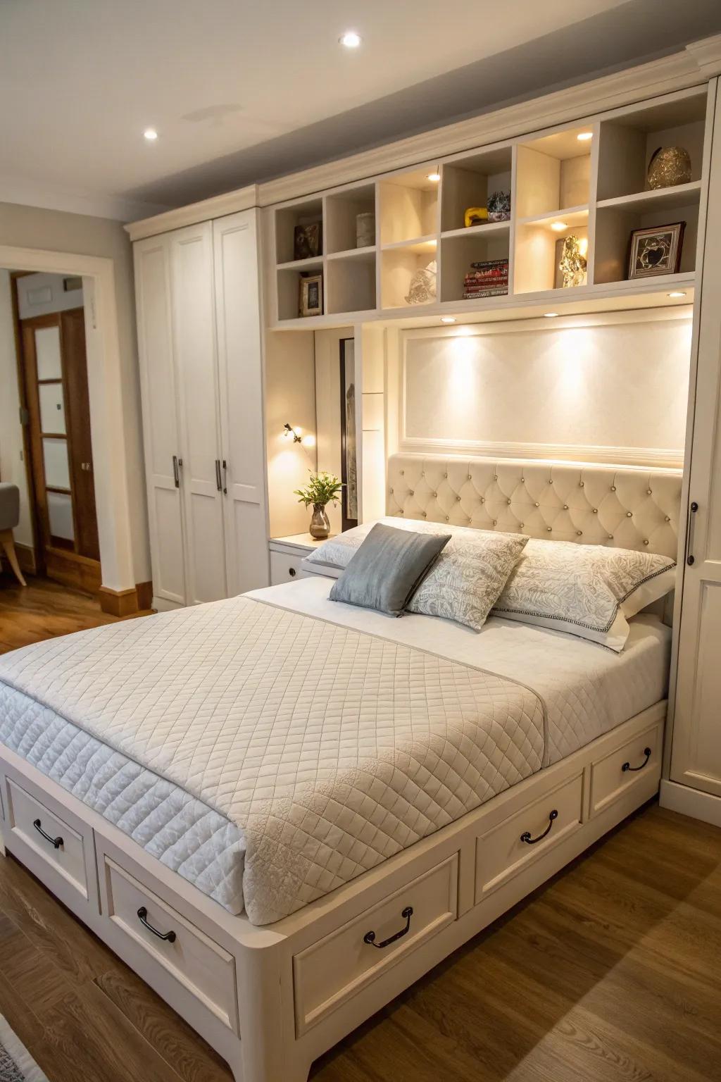 Make the most of space with a headboard that provides additional storage.