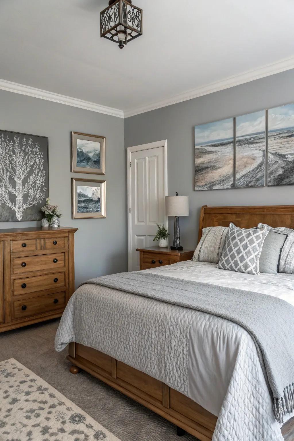 Grey wall decorations enhancing the room's balance.