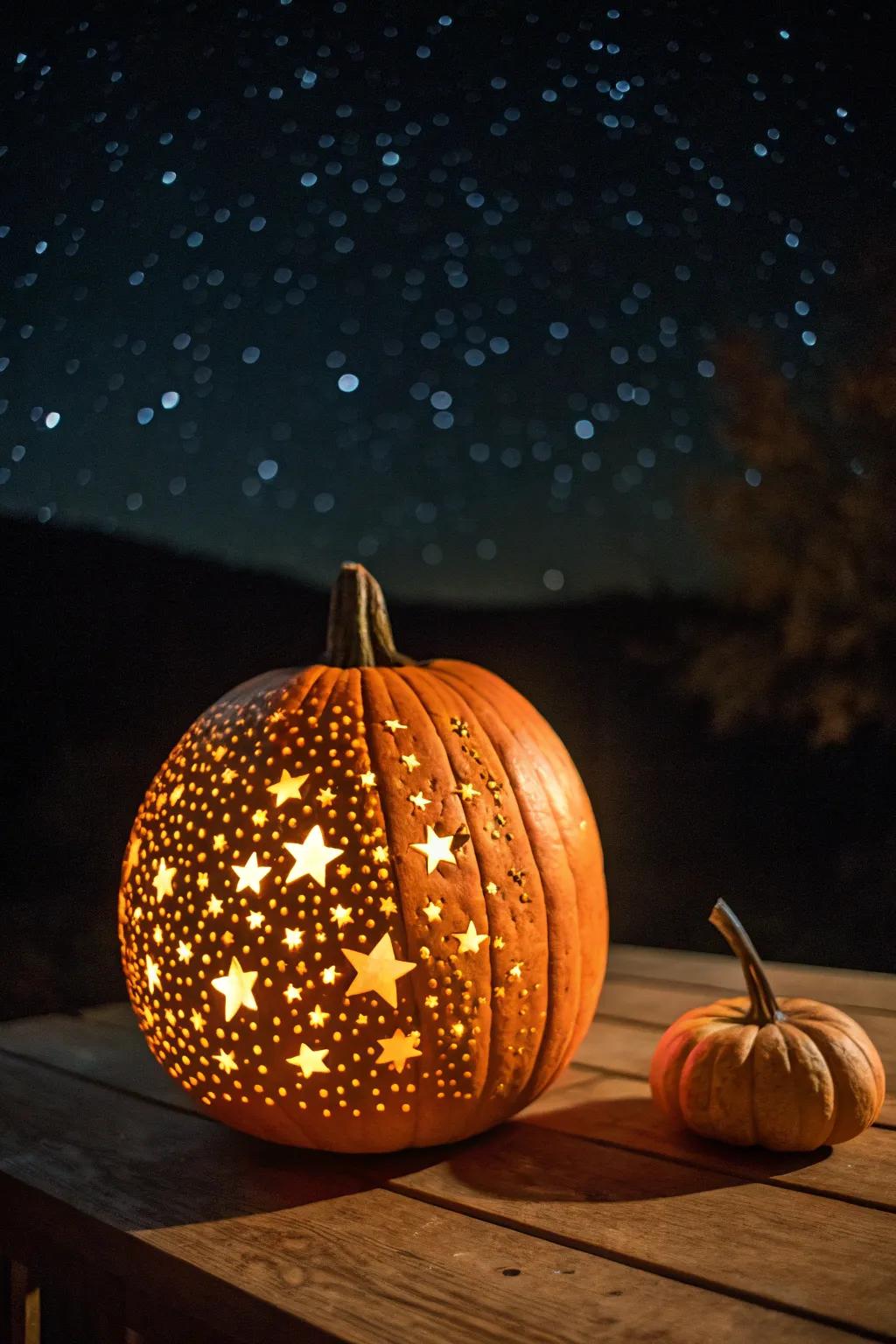 Enliven your Halloween with a celestial pumpkin design that brings the night sky to life.