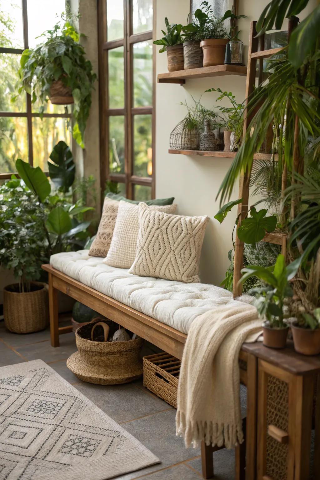 Untreated material cushions add eco-friendly elegance to your bench.