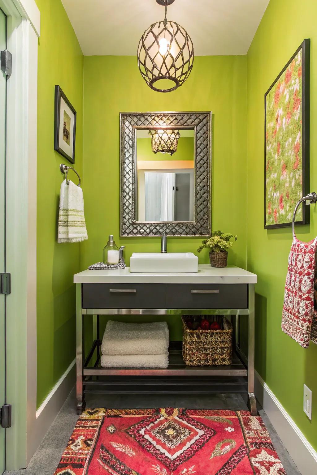 A vibrant powder room featuring lemon walls.