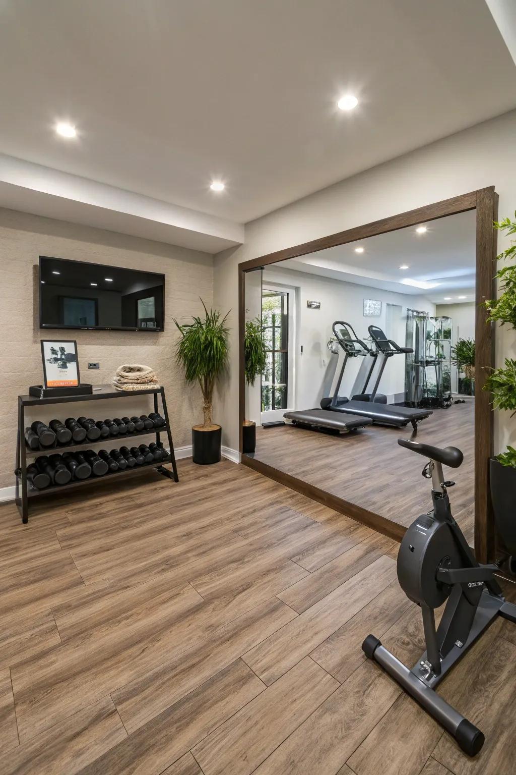 Vinyl tiles offer a chic and easy-to-maintain gym aesthetic.