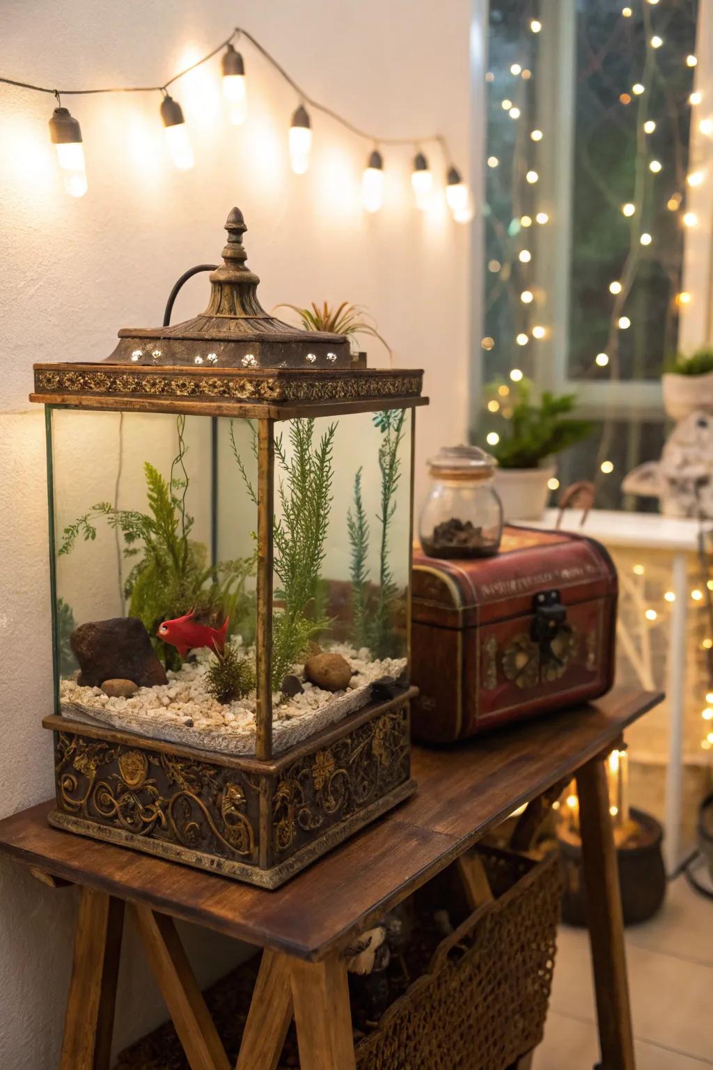 A classic styled habitat evokes nostalgic charm for your betta.