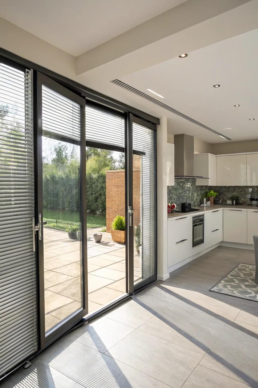 Integrated blinds in folding doors provide flexible light management.
