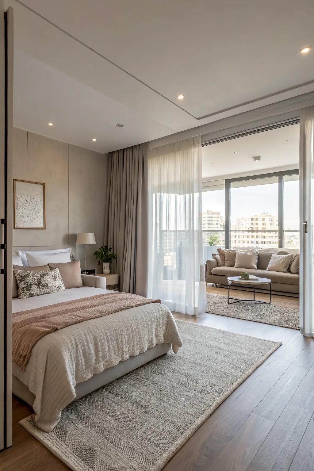 A spacious bedroom featuring an open layout, seamlessly linked to other zones.