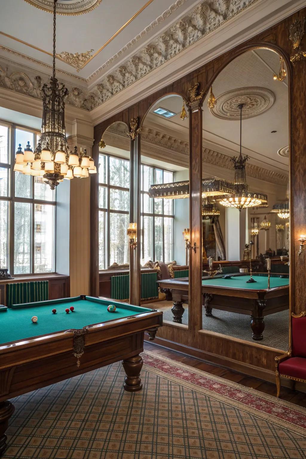 Mirrors creating an illusion of more space in a billiard room.