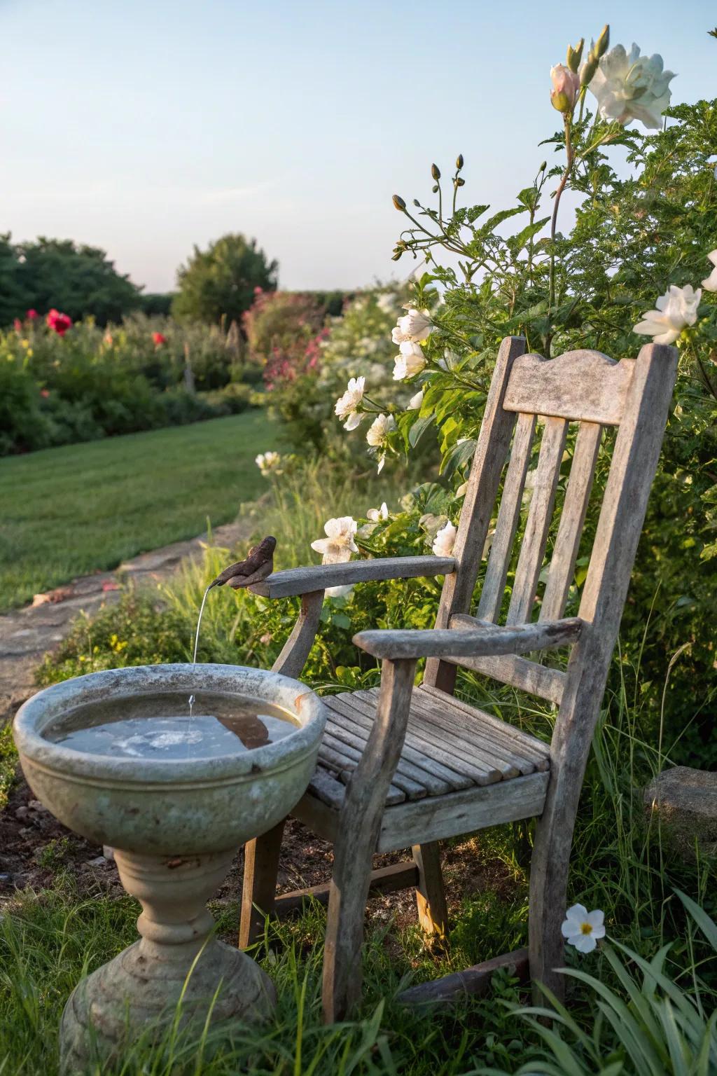 A seat turned bird bath proffering a singular garden fascination.
