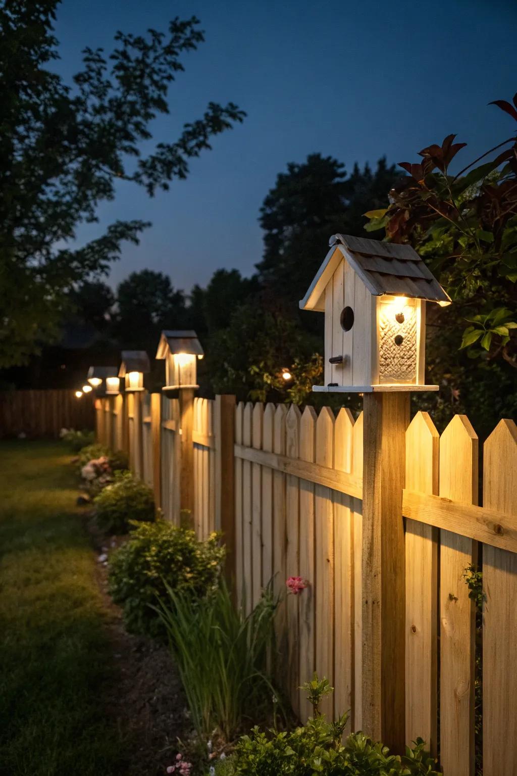 Bird dwelling lanterns cast a warm radiance over the fence after dark.