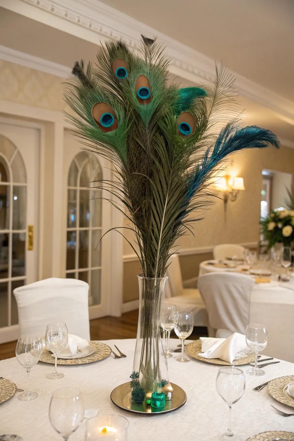 Peacock downs bring dynamic elegance to a birthday centerpiece.