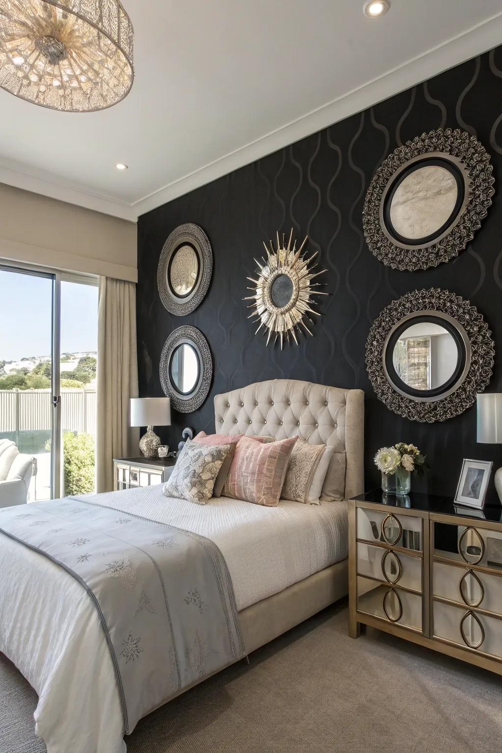 Mirrors amplify light and add a touch of glamour to a black statement wall.