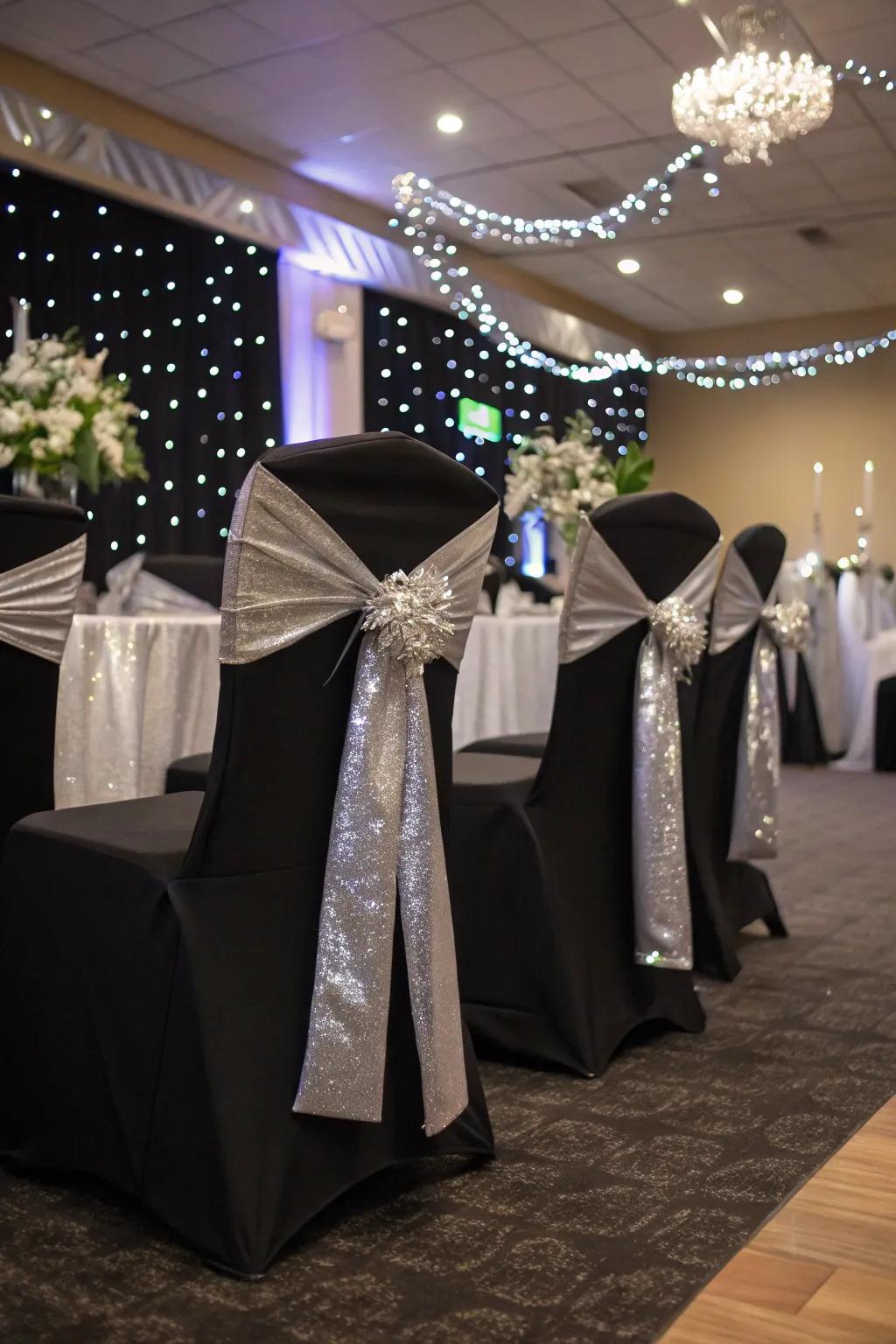 Chic chair wraps featuring argent belts for added sophistication.