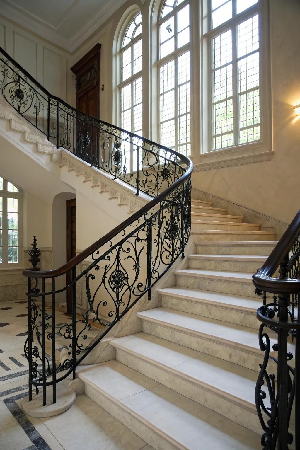 Wrought iron spindles add vintage elegance to a black and white staircase.