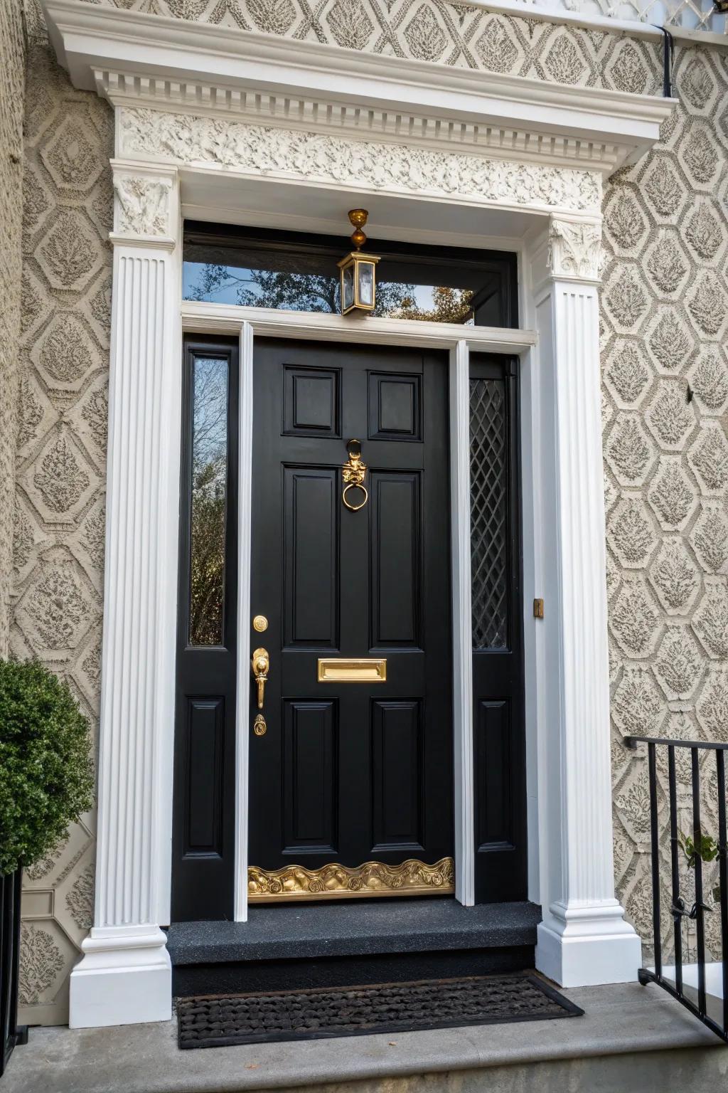 Oversized brass hardware adds a touch of luxury to a black door with white trim.