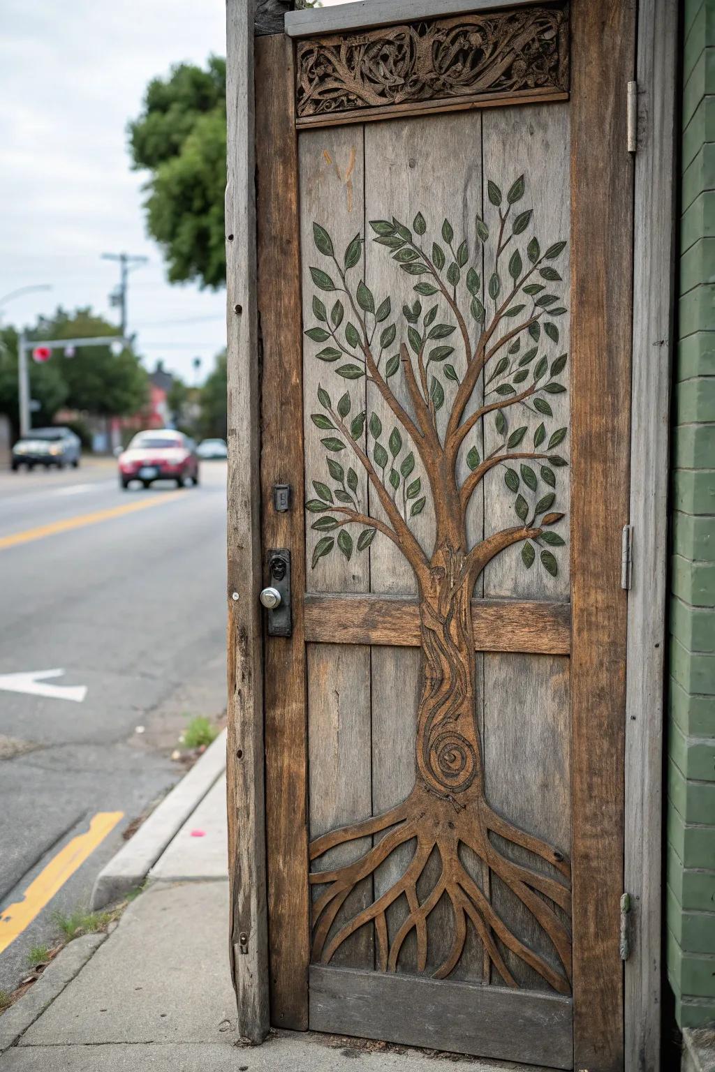 A door design symbolizing the roots of Black history through tree imagery.