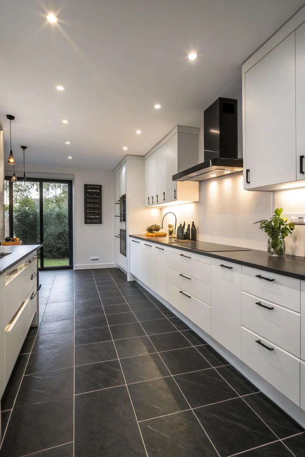 A cooking area elegantly featuring dull ebony floor components with a subtle veneer.