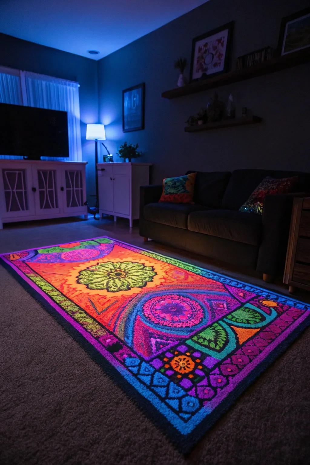 UV reactive rugs add texture and visual interest.