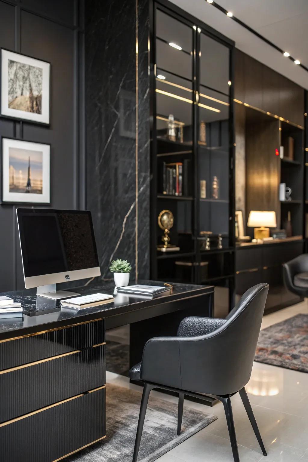 Mixing finishes keeps a charcoal office from feeling one-dimensional.