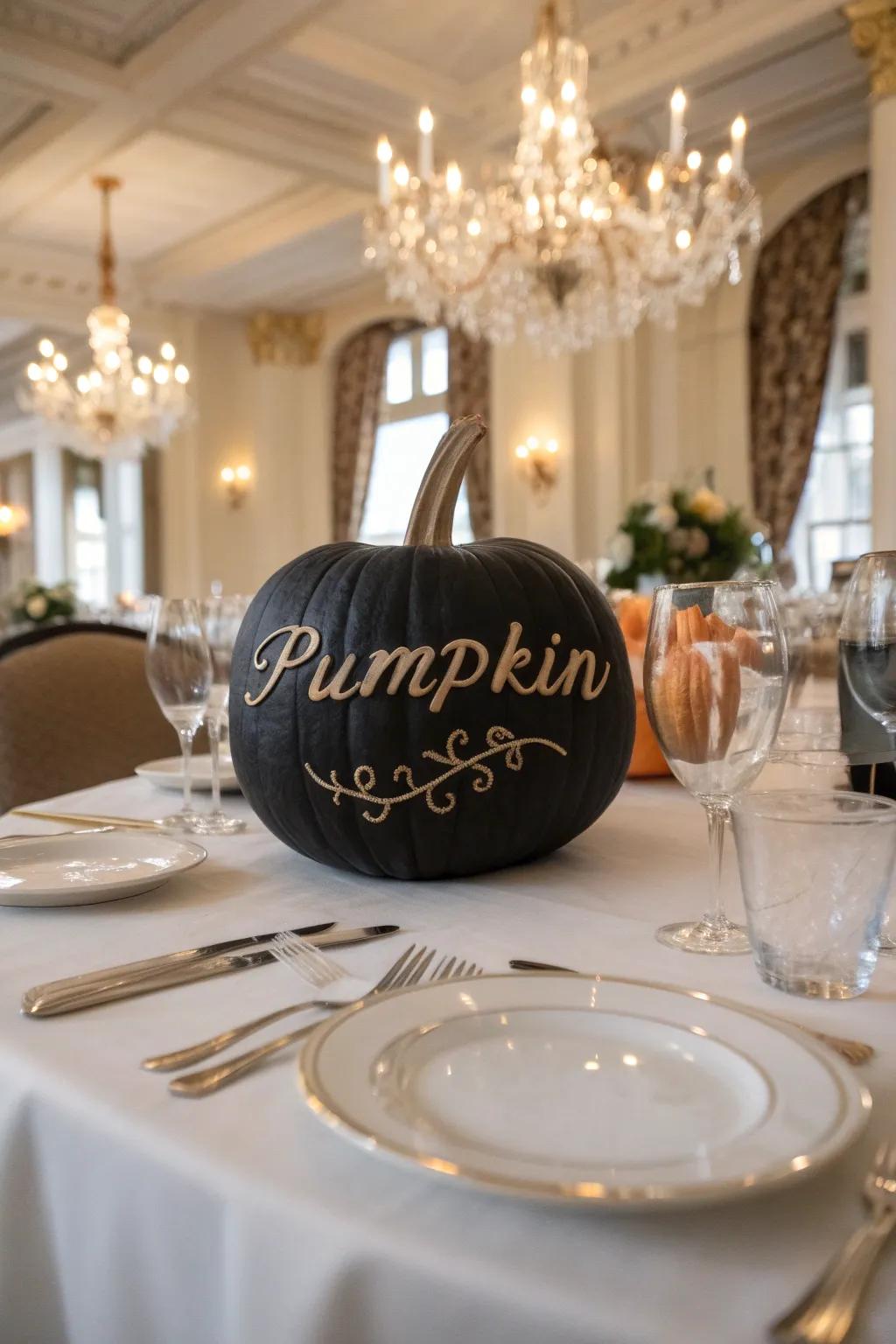 A dark-colored pumpkin featuring refined penmanship, suitable for a refined design.