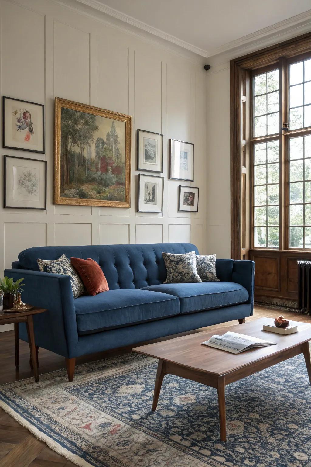 Blending contemporary and classic design schemes crafts a harmonious living area.