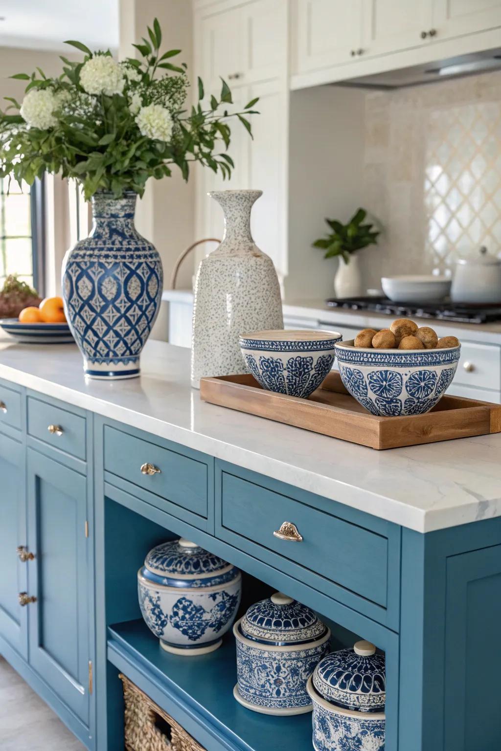 Decorative items personalize the cerulean island's aesthetic.