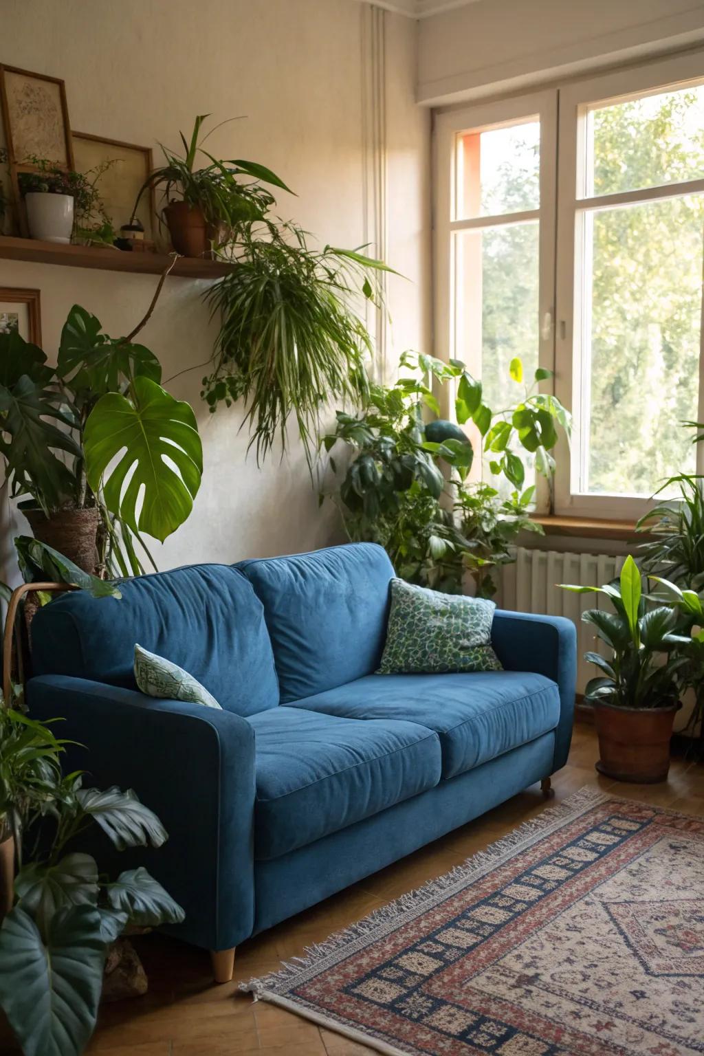 Flora brings a fresh feel to a cerulean couch arrangement.