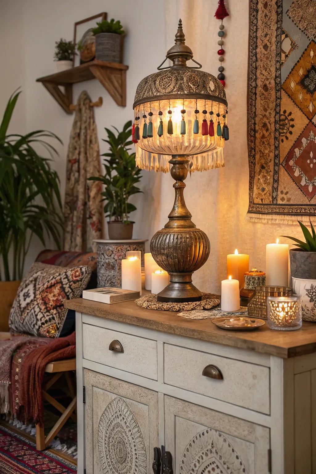 A metallic boho lamp includes a touch of shine to this boho sideboard.