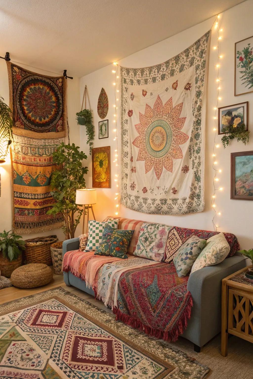 Superimposed patterns bring vibrancy and depth to a bohemian room.