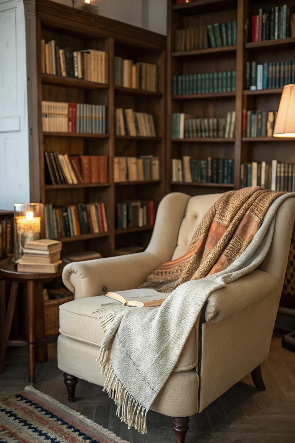 A cozy atmosphere invites relaxation and reading.