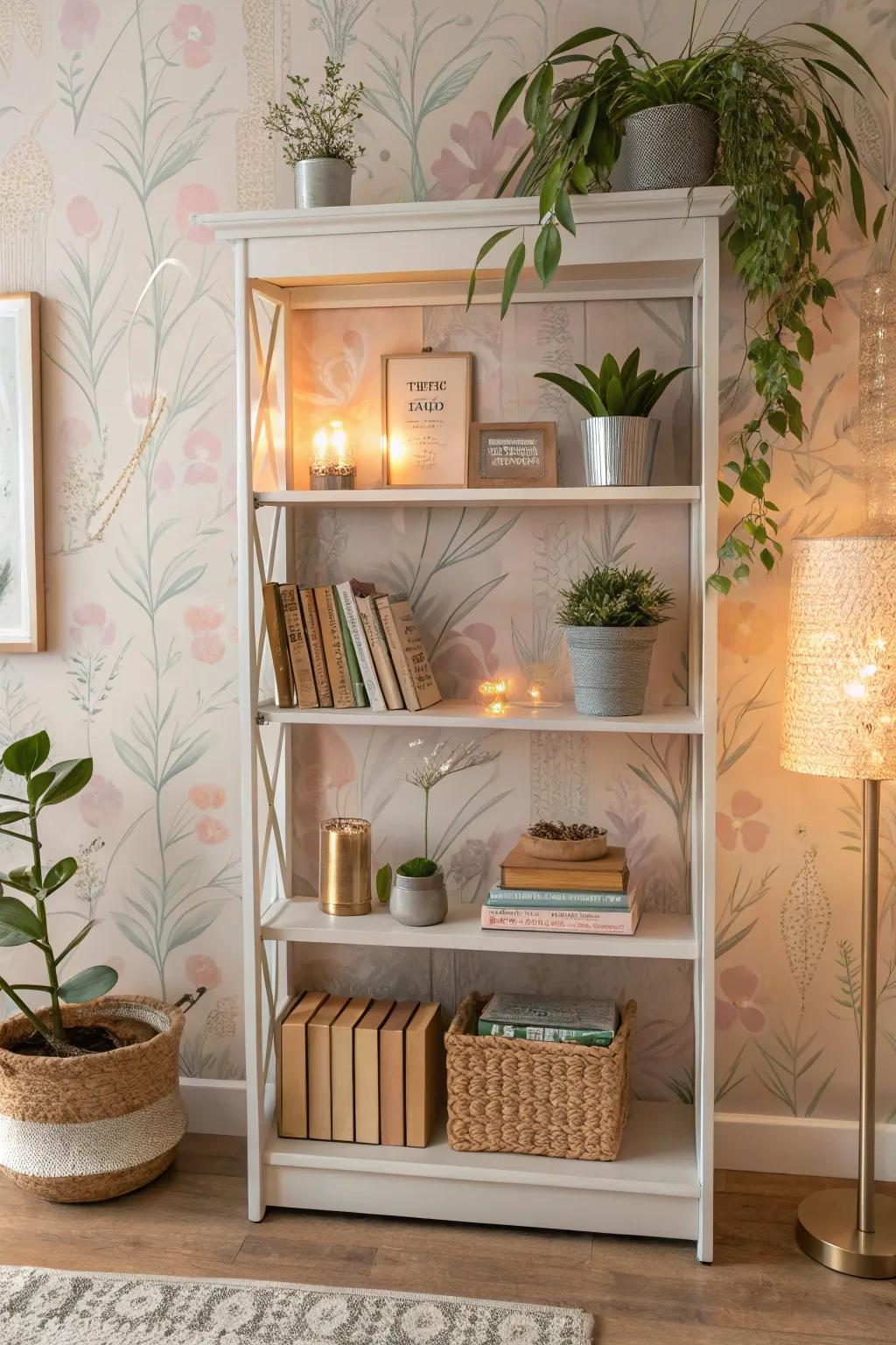 A bookshelf featuring muted pastel wallpaper, fostering a tranquil reading nook.