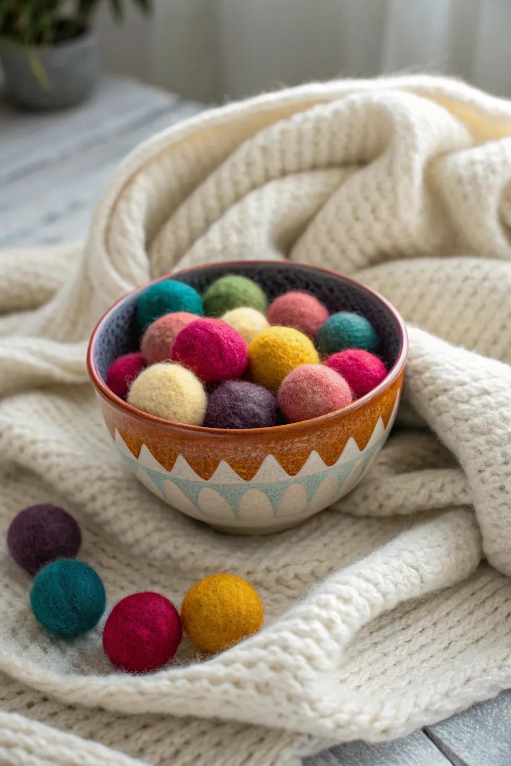 A snug bowl brimming with multicolored felted wool balls