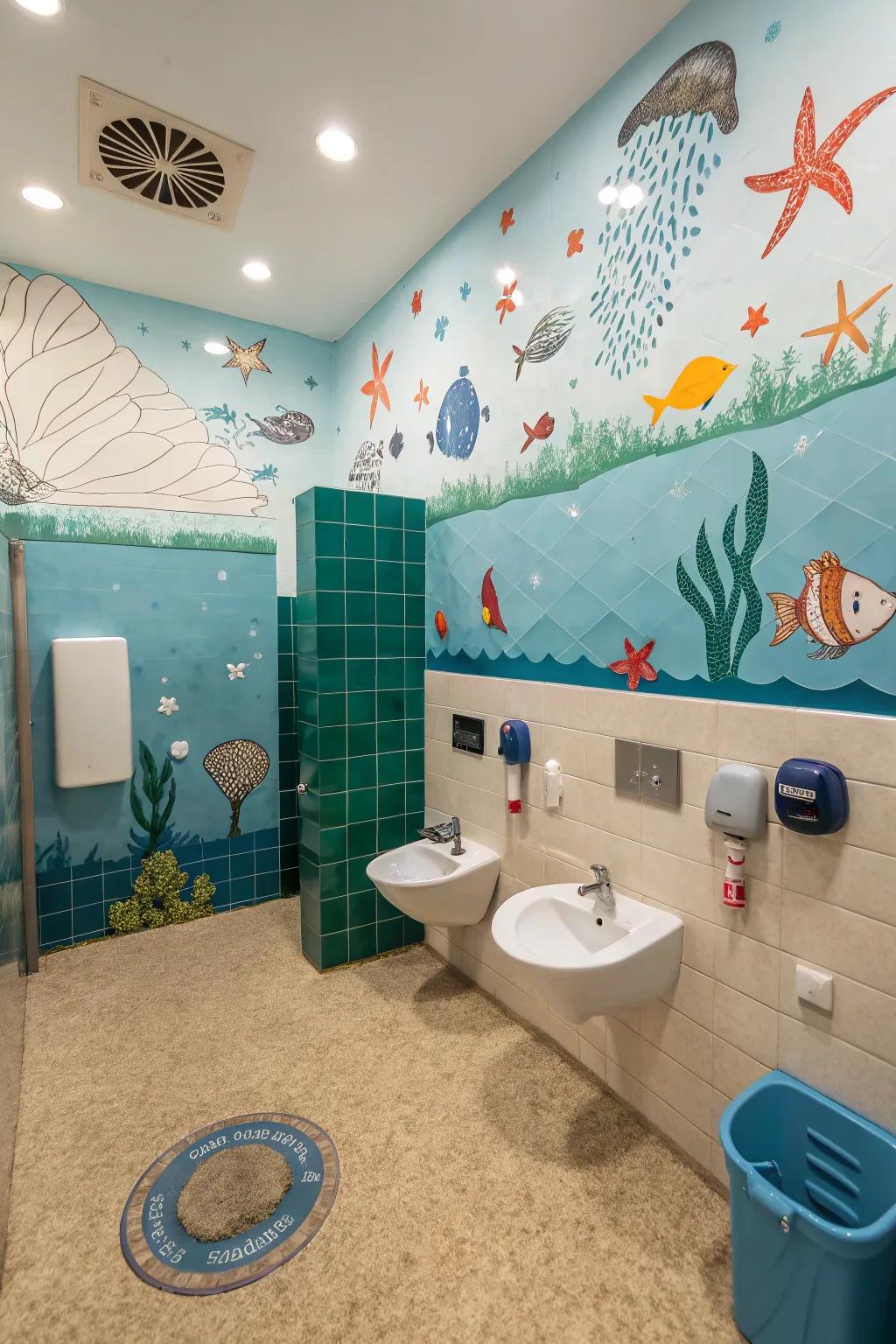 Subaquatic theme decor cultivates an adventurous atmosphere in a boys' lavatory.