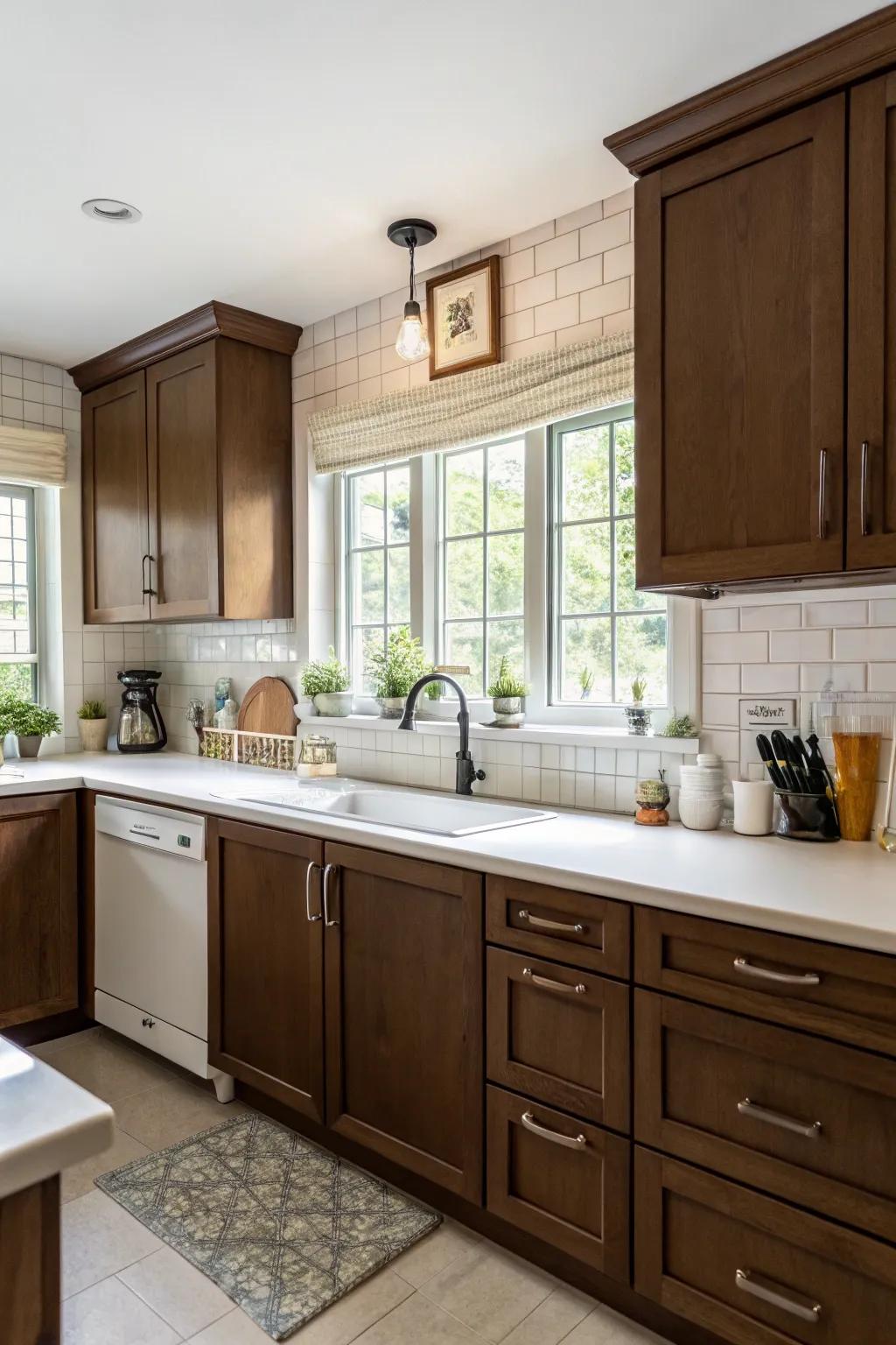 Pristine alabaster features furnish a revitalizing juxtaposition to brown.