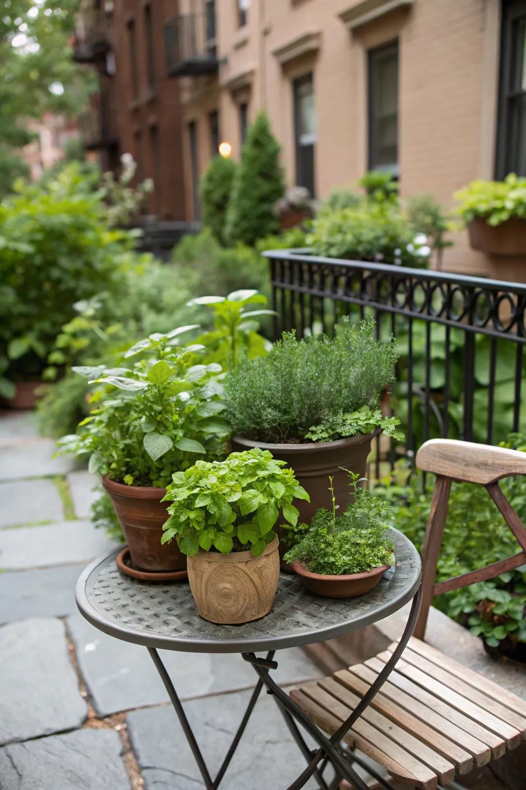 A container herb garden provides fresh flavors and charming decor.